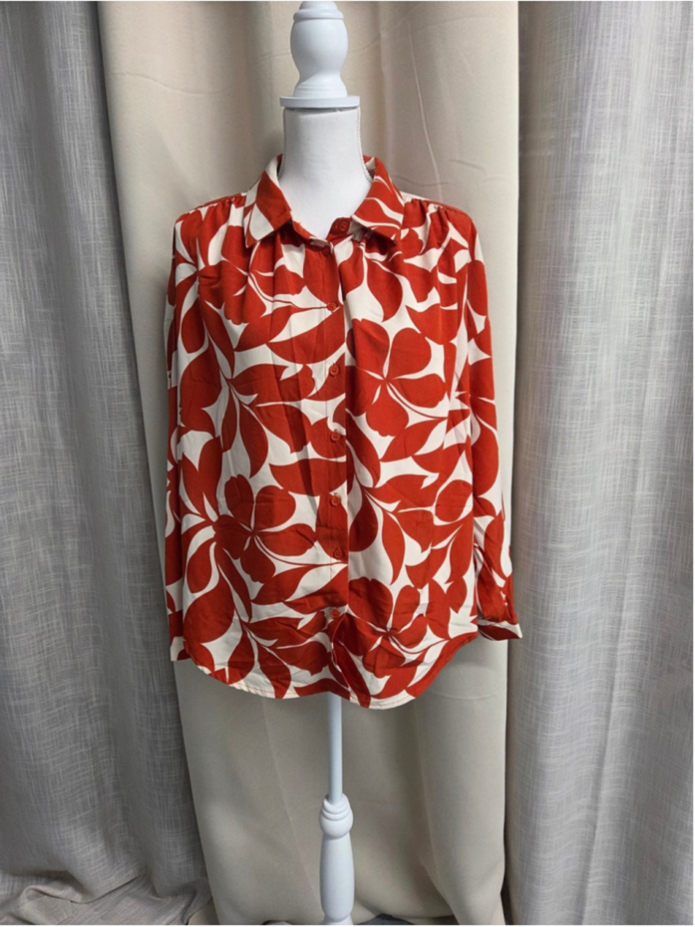 Jodifl Rust White Floral Button Down Blouse Top M Long Sleeve Two Tone Graphic